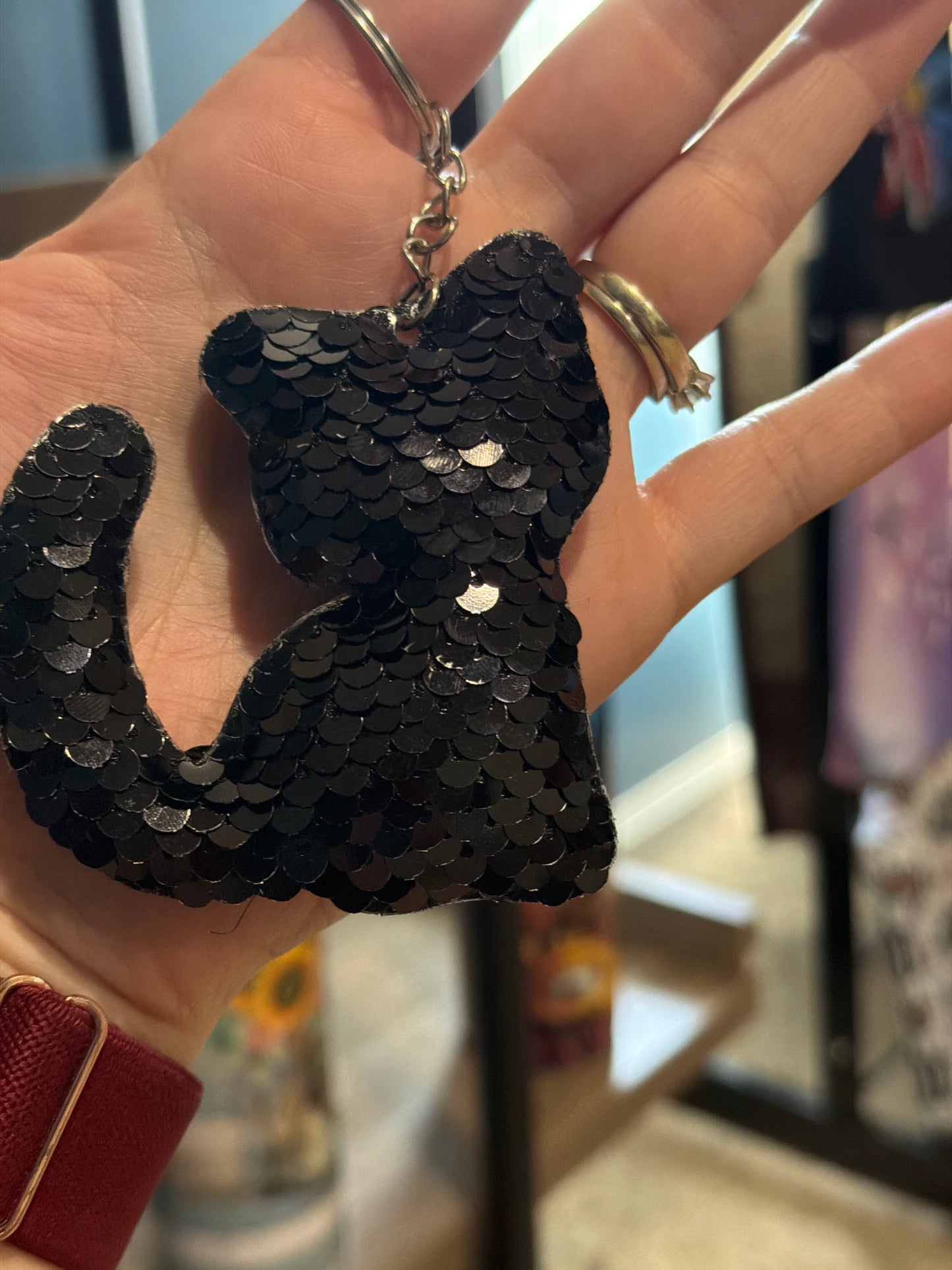 Black/gold sequins Cat Keychain
