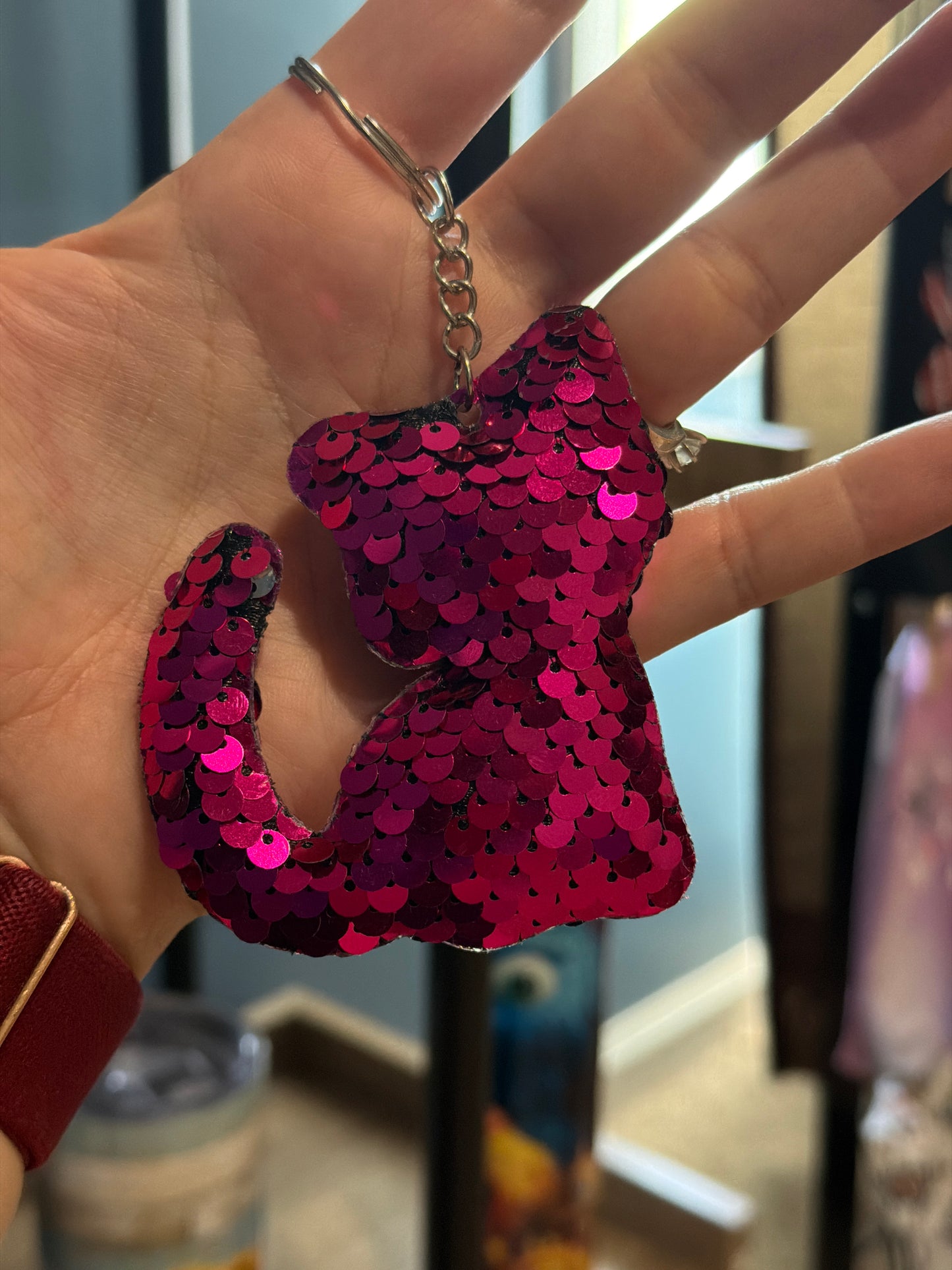 Pink/silver Sequins Cat Keychain