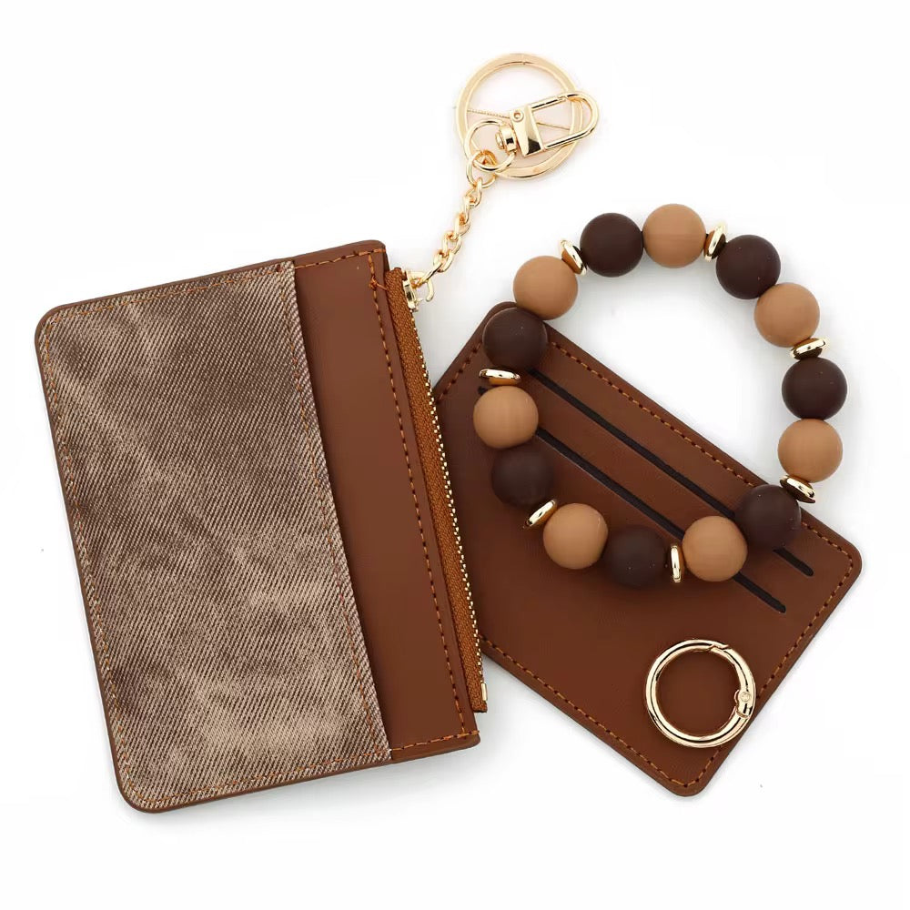 Denim Suede Bracelet Keychain & Card Holder Wallet