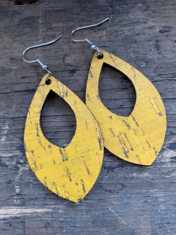 Yellow Mustard Cork and Leather Teardrop Earrings
