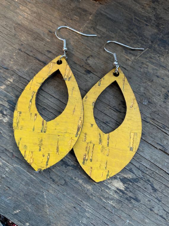 Yellow Mustard Cork and Leather Teardrop Earrings