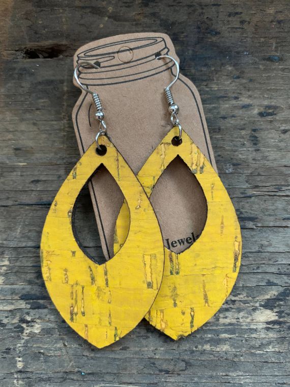 Yellow Mustard Cork and Leather Teardrop Earrings