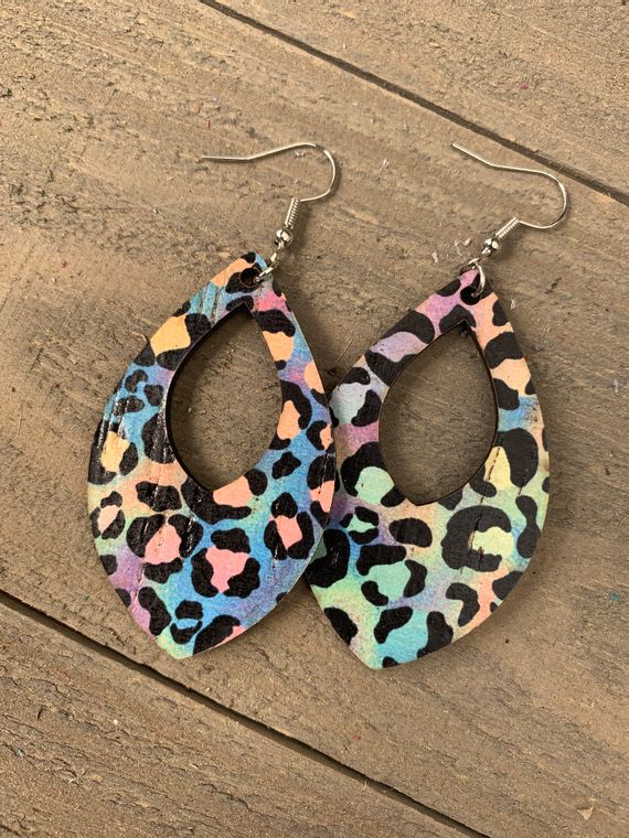 Rainbow Leopard Print Leather and Cork Tear drop Earrings