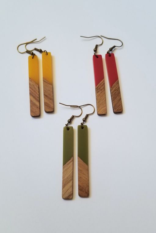 Yellow Resin & Wood Rectangle Earrings